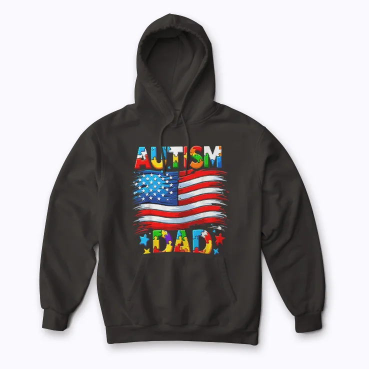 Autism Dad American Flag Hoodie showcasing a vibrant flag graphic.
