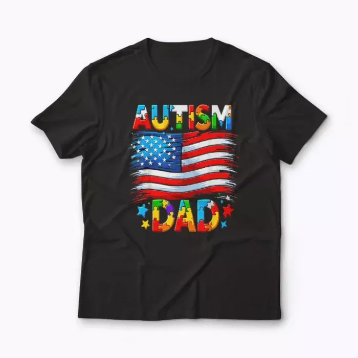 Autism Dad American Flag T-shirt featuring a bold American flag design.