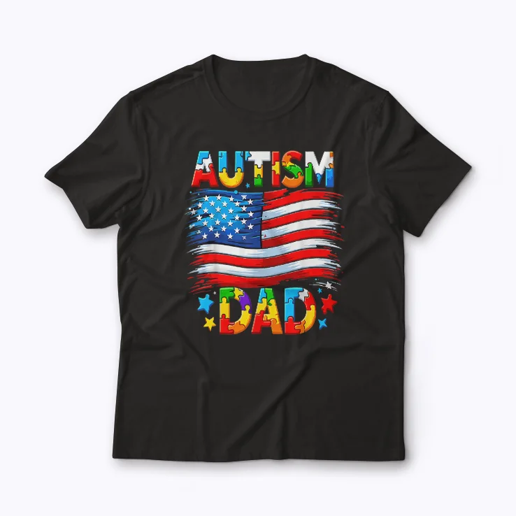 Autism Dad American Flag T-shirt featuring a bold American flag design.