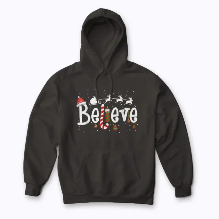 Believe Christmas Santa Claus Reindeer Candy Cane Xmas Hoodie featuring holiday graphics