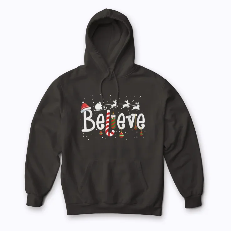Believe Christmas Santa Claus Reindeer Candy Cane Xmas Hoodie featuring holiday graphics