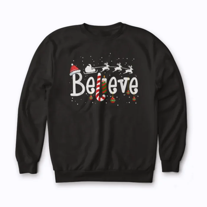 Believe Christmas Santa Claus Reindeer Candy Cane Xmas Sweatshirt in a classic holiday style