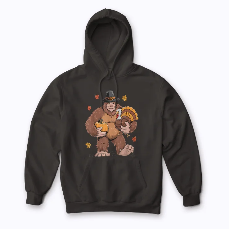 Bigfoot Pilgrim Turkey hoodie featuring a playful Bigfoot and turkey