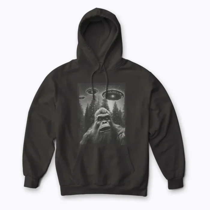 CAT Funny Graphic Bigfoot Sasquatch Alien UFO Hoodie featuring a funny cat design.