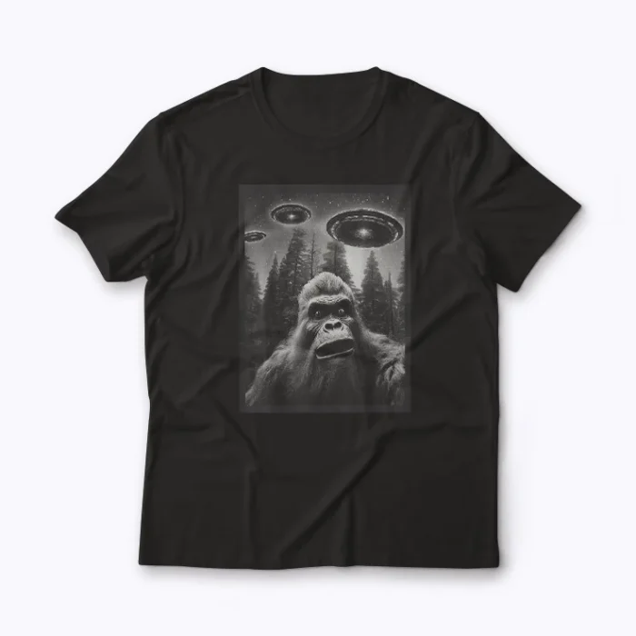 CAT Funny Graphic Bigfoot Sasquatch Alien UFO T-shirt featuring a funny cat design.