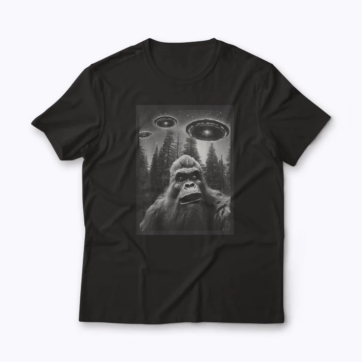 CAT Funny Graphic Bigfoot Sasquatch Alien UFO T-shirt featuring a funny cat design.