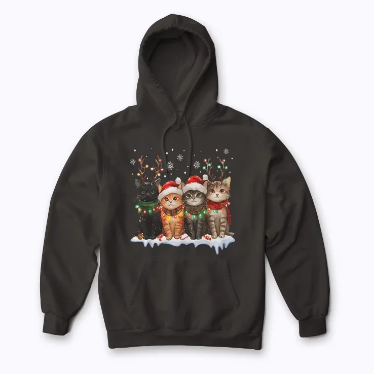 Cat Christmas Light Reindeer Santa Christmas Cat Lover hoodie with holiday cat graphic