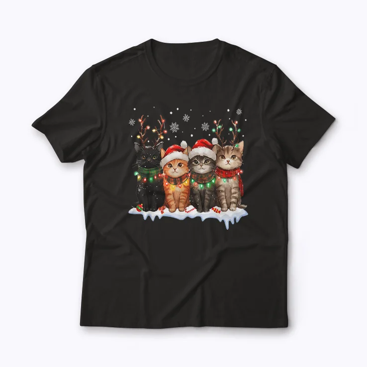 Cat Christmas Light Reindeer Santa Christmas Cat Lover T-shirt with festive design