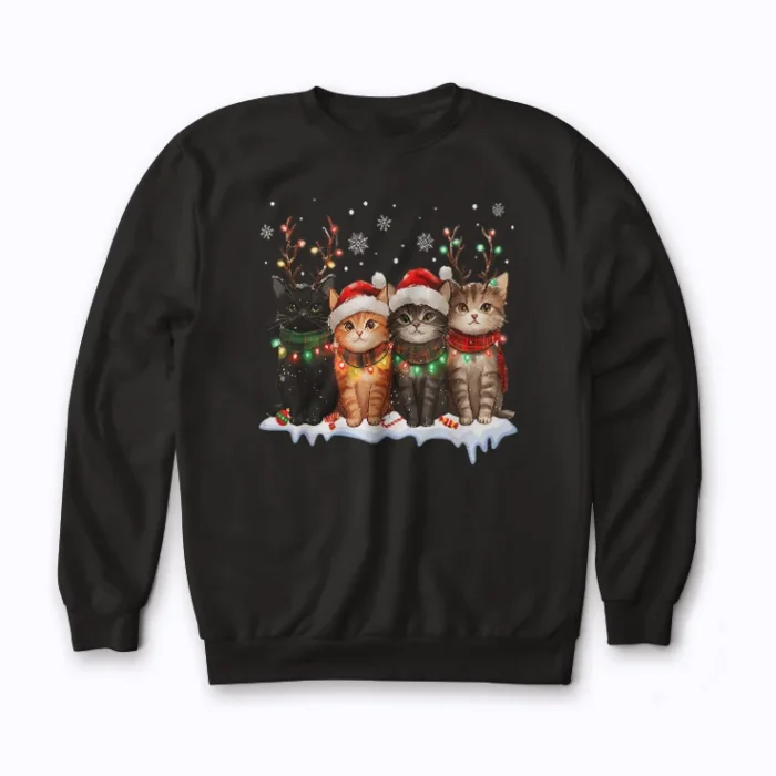 Cat Christmas Light Reindeer Santa Christmas Cat Lover sweatshirt with Christmas cat print