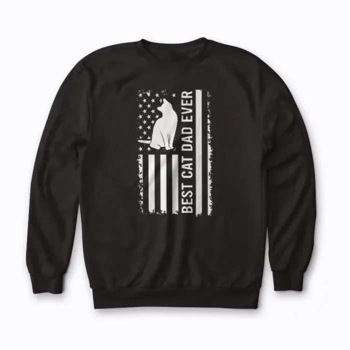 Cat Dad US Flag Fathers Day Sweatshirt with a bold flag and cat graphic for a snug fit