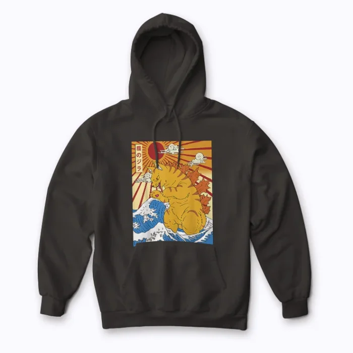 Catzilla Cat Japanese Art Funny Cat Gifts Hoodie featuring a cat in a Japanese monster style.