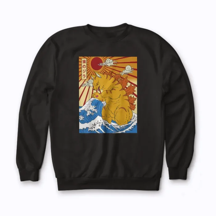 Catzilla Cat Japanese Art Funny Cat Gifts Sweatshirt featuring a cat in a Japanese monster style.