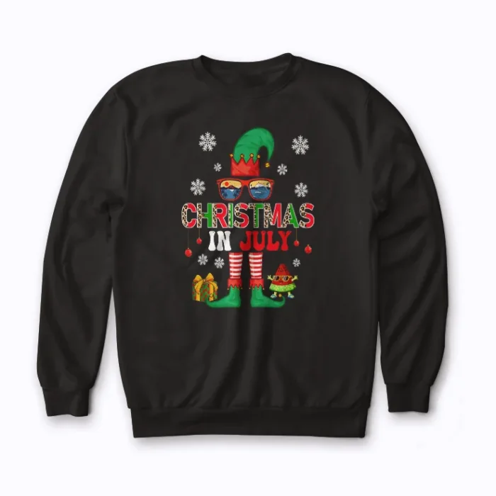 Christmas In July Costume Elf Sunglasses sweatshirt featuring quality elf sunglasses print