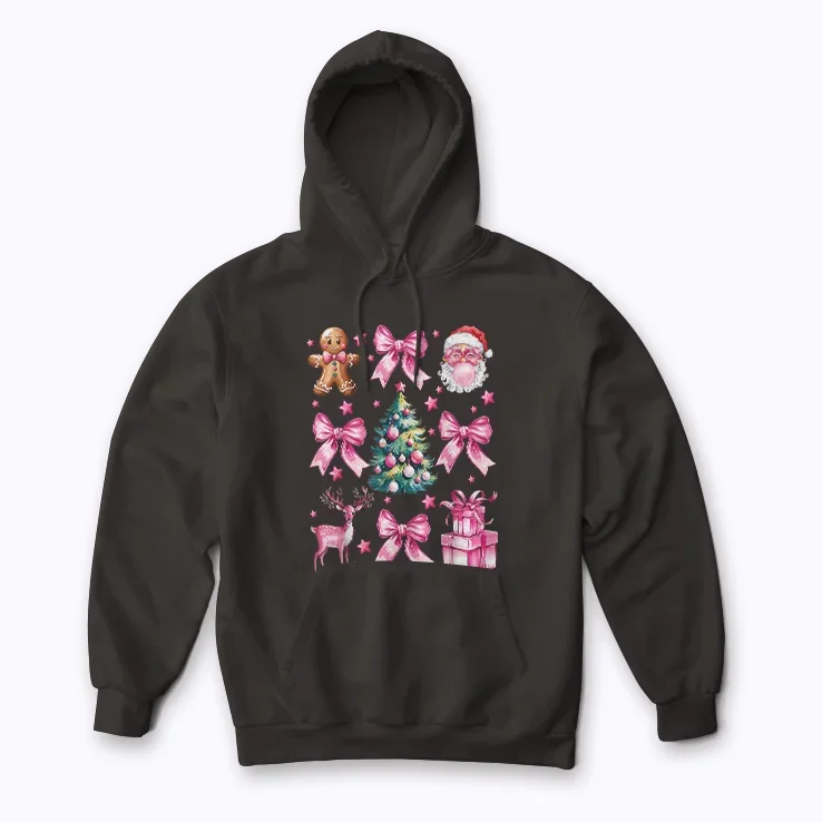 Cute Coquette Bow Pink Christmas hoodie featuring pink bow and Christmas theme