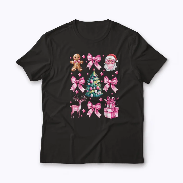 Cute Coquette Bow Pink Christmas T-shirt with festive bow design