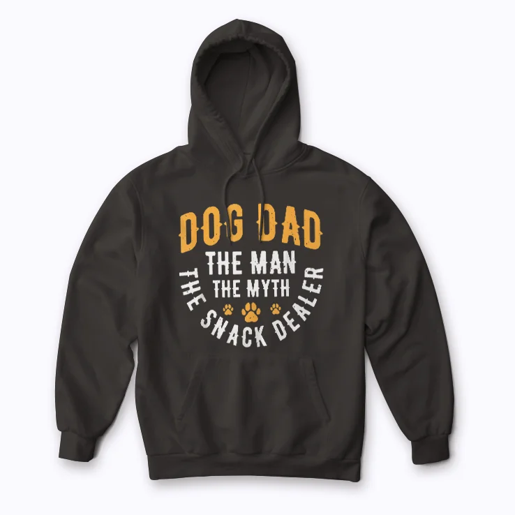 Dog Dad Myth Snack Dealer hoodie featuring a playful dog dad graphic