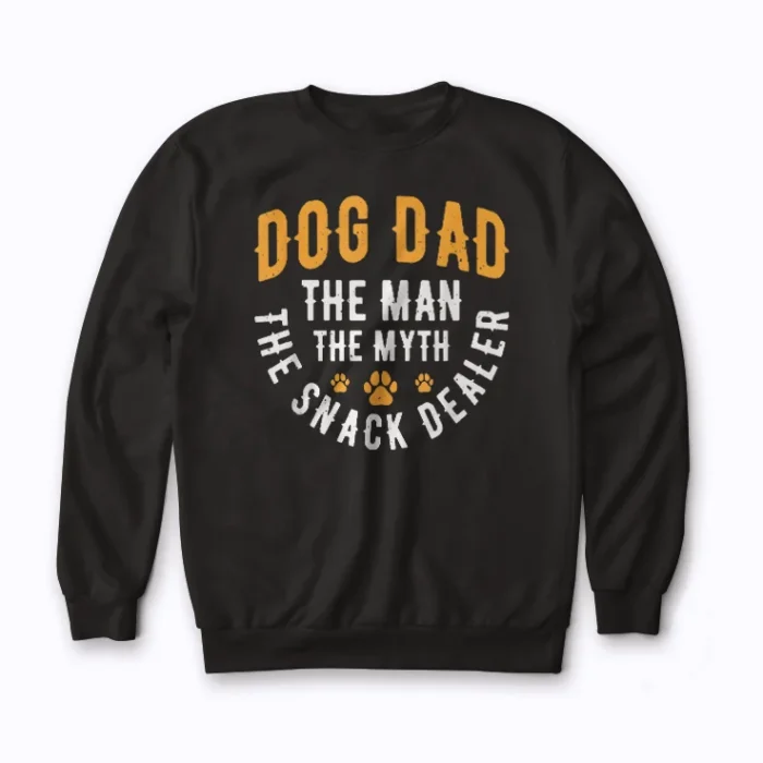 Dog Dad Myth Snack Dealer sweatshirt showcasing the snack dealer motif