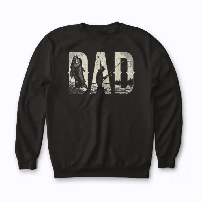 Fishing Dad Birthday Classic Bold Font Sweatshirt displaying bold text on a relaxed fit fleece
