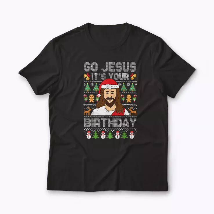Go Jesus Its Your Birthday Ugly Christmas t-shirt with festive design