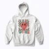 Groovy Christmas Vibes Smile Face Santa hoodie featuring holiday graphics