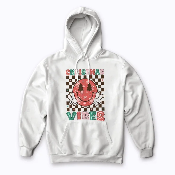 Groovy Christmas Vibes Smile Face Santa hoodie featuring holiday graphics