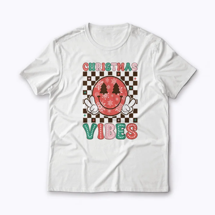 Groovy Christmas Vibes Smile Face Santa T-shirt with festive design