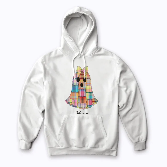 Cozy up in the Halloween Madras Plaid Ghost hoodie