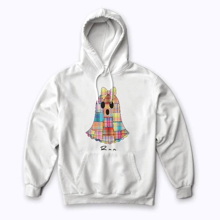Cozy up in the Halloween Madras Plaid Ghost hoodie
