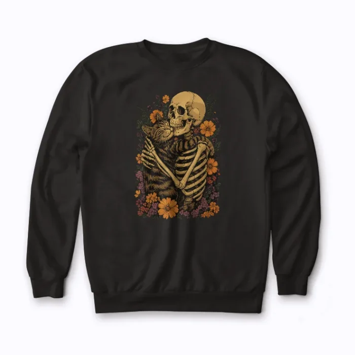 Halloween Skeleton and Cats sweatshirt – cozy up for spooky season