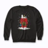 Holiday Snoopy and Woodstock Stocking sweatshirt showing Snoopy and Woodstock in a holiday stocking