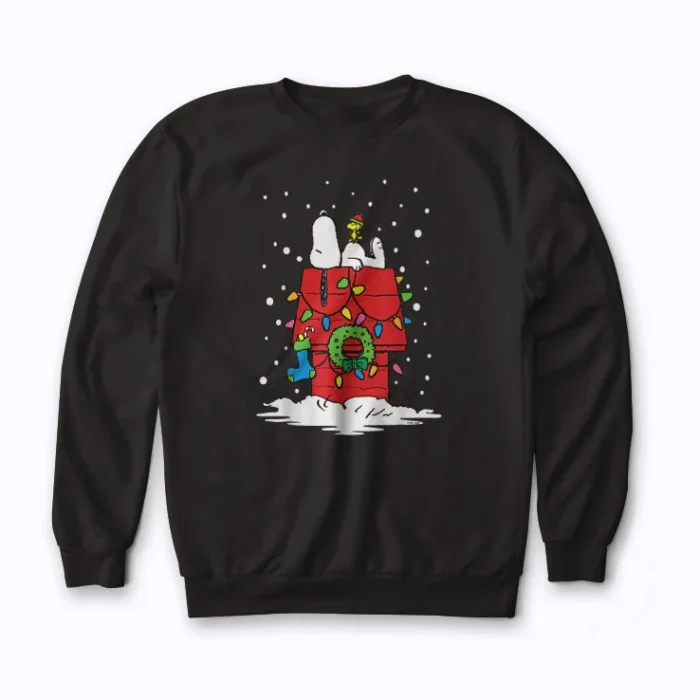 Holiday Snoopy and Woodstock Stocking sweatshirt showing Snoopy and Woodstock in a holiday stocking