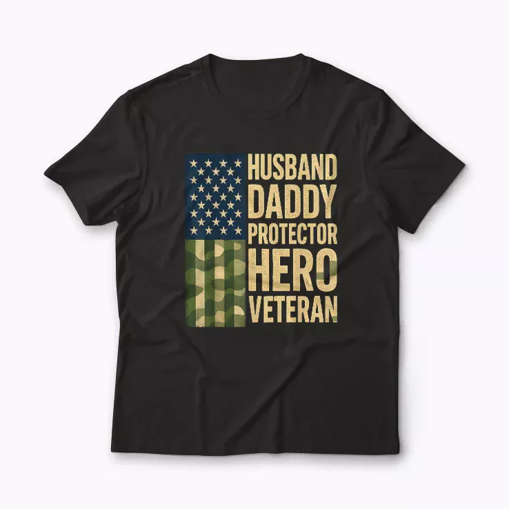 Husband Daddy Protector Hero Veteran USA Flag T-shirt featuring bold patriotic design