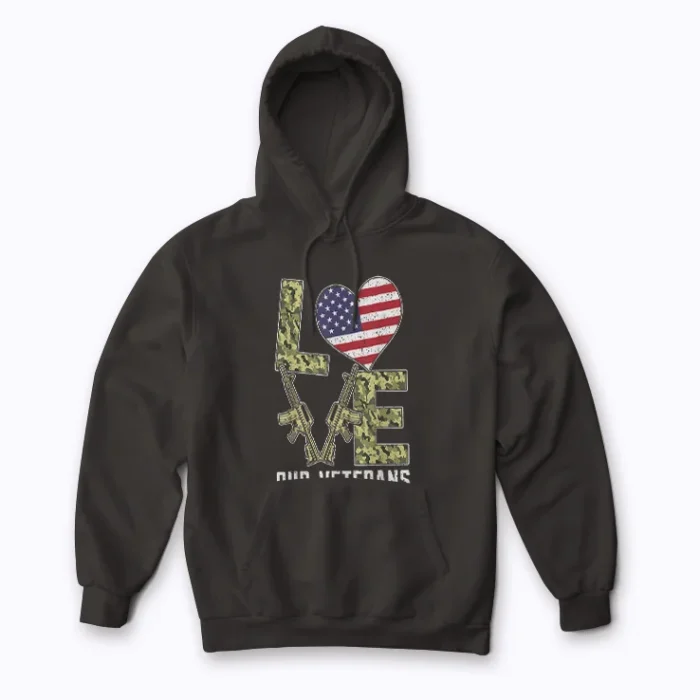 Love Our Veterans Day Proud Military American Flag Hoodie with plush interior and flag print