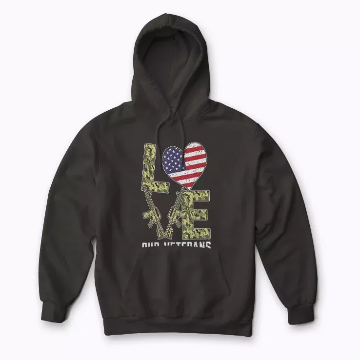 Love Our Veterans Day Proud Military American Flag Hoodie with plush interior and flag print