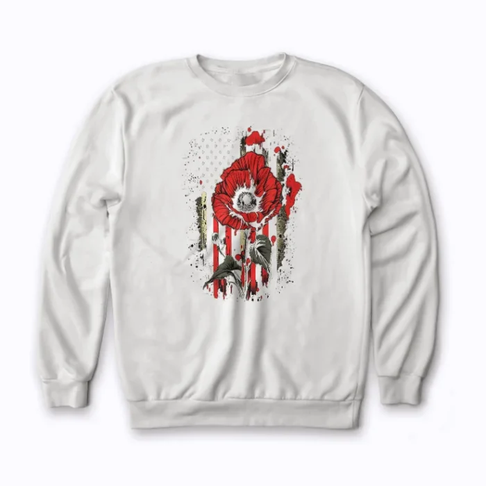 Memorial Day Red Poppy Flower American Sweatshirt with front poppy artwork
