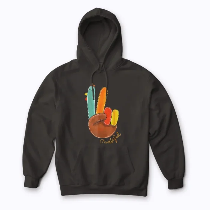 Peace Sign Turkey Hand Cool Thanksgiving Hippie hoodie showing a colorful turkey hand peace sign