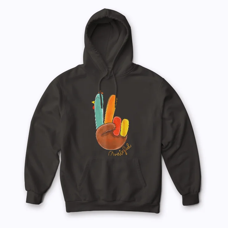 Peace Sign Turkey Hand Cool Thanksgiving Hippie hoodie showing a colorful turkey hand peace sign