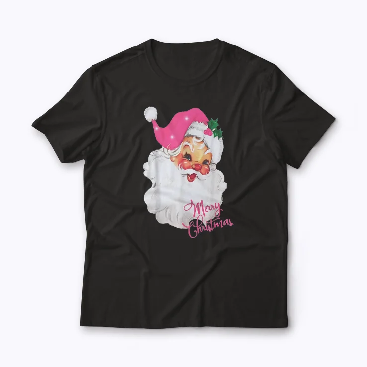 Pink Santa for Girls Christmas Retro T-shirt with festive pink Santa graphic