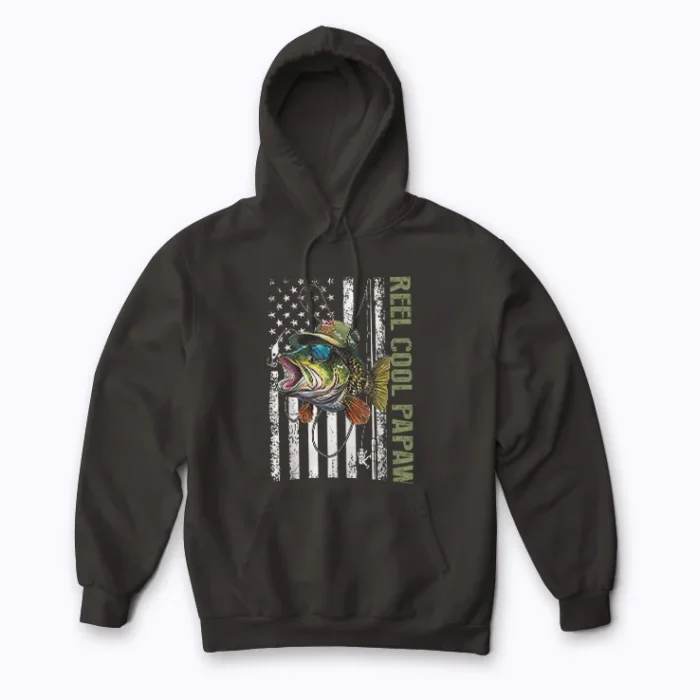 Reel Cool Dad Camouflage American Flag Hoodie with bold camouflage flag graphic