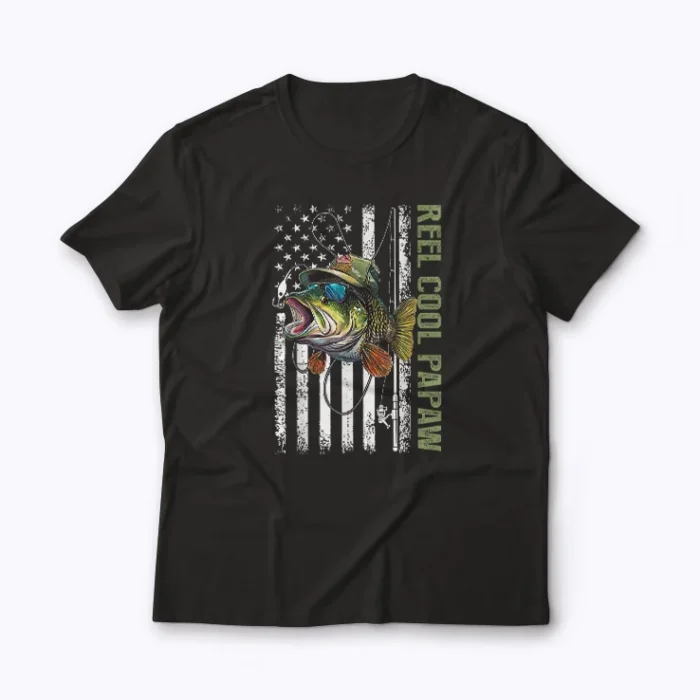 Reel Cool Dad Camouflage American Flag T-shirt featuring a patriotic camouflage design