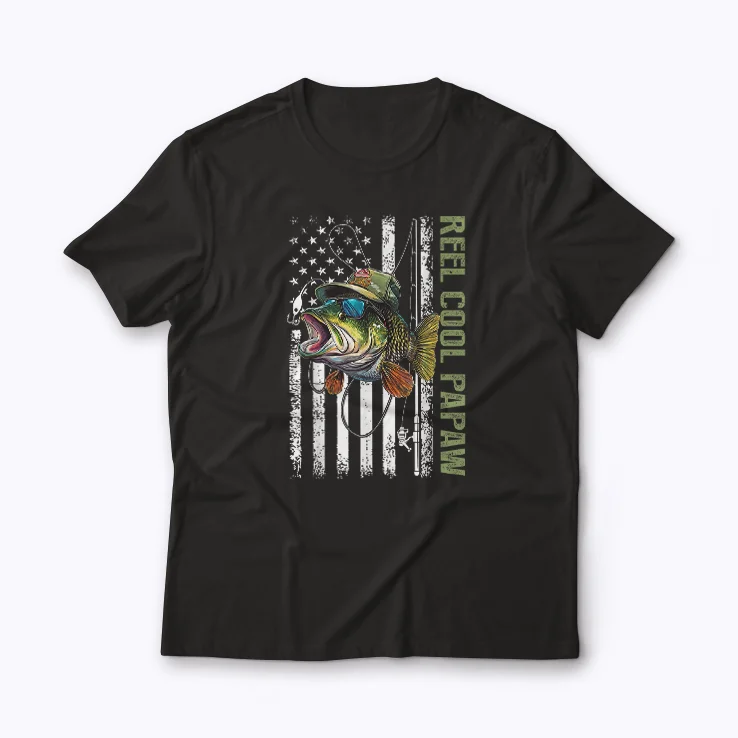 Reel Cool Dad Camouflage American Flag T-shirt featuring a patriotic camouflage design