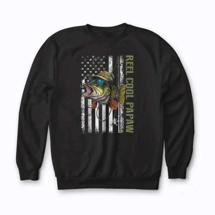 Reel Cool Dad Camouflage American Flag Sweatshirt showcasing a patriotic camouflage pattern