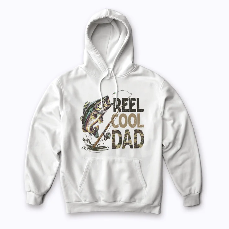 Reel Cool Dad Fishing Papa Fathers Day Hoodie featuring a warm fleece design for proud fishing dads