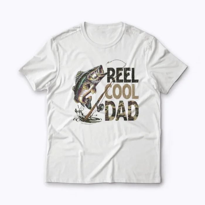 Reel Cool Dad Fishing Papa Fathers Day T-shirt showing bold graphic for proud fishing dads