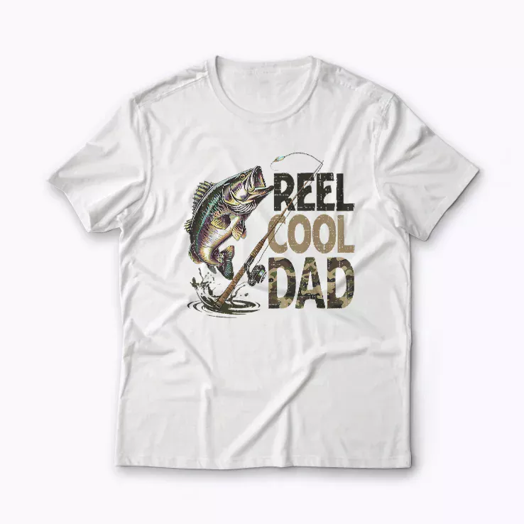 Reel Cool Dad Fishing Papa Fathers Day T-shirt showing bold graphic for proud fishing dads