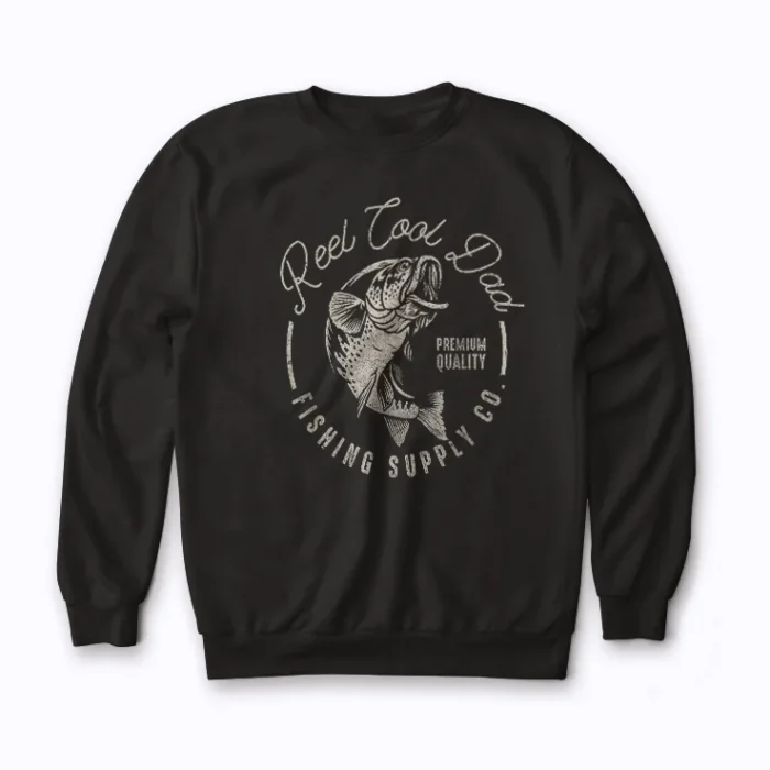 Reel Cool Dad Funny Fathers Day Sweatshirt showcasing a humorous reel motif on mid-weight fleece