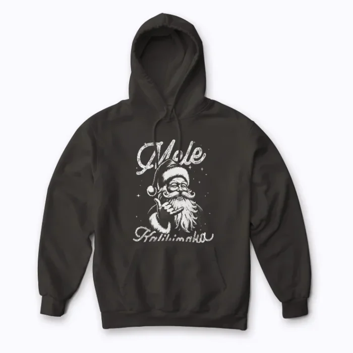 Retro Christmas Surf Mele Kalikimaka Santa Shaka Hawaii hoodie featuring surfing Santa and shaka sign