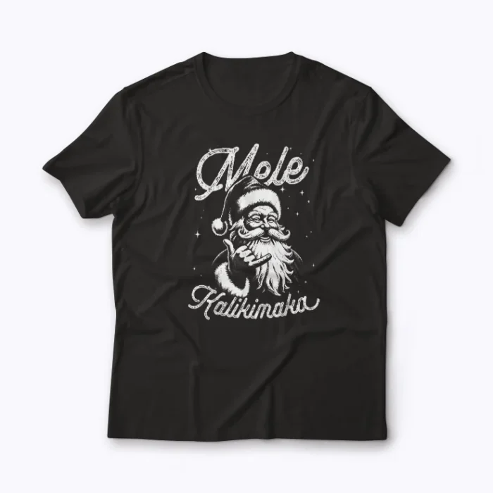 Retro Christmas Surf Mele Kalikimaka Santa Shaka Hawaii shirt with Santa surfing and shaka sign