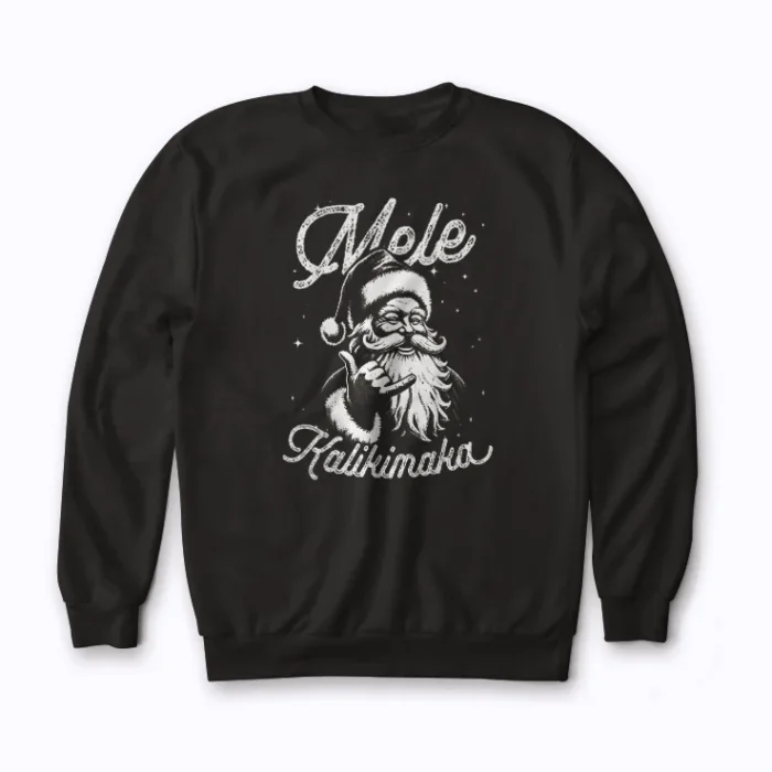 Retro Christmas Surf Mele Kalikimaka Santa Shaka Hawaii sweatshirt with festive surf Santa design