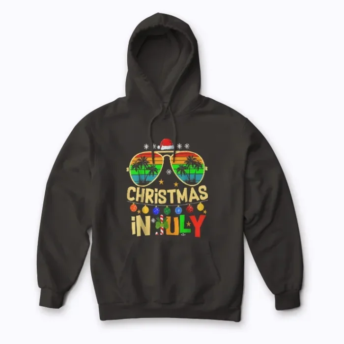 Santa Claus Sunglasses Beach Christmas in July hoodie showing Santa on the beach